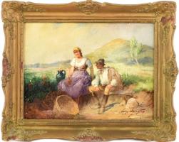 Ács Ágoston (1889-1947): Szerelmespár. Olaj, vászon, jelzett. Dekoratív, kissé sérült fakeretben. 33x43,5 cm