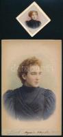 cca 1899 Női portré, 2 db kézzel színezett fotó, 4,5×4,5 és 16,5×10,5 cm