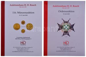 2db német nyelvű, kitüntetés illetve érme aukciós katalógus, közte 2023. "Auktionhaus H.D. Rauch - 116. Münzenauktion" + 2023. "Auktionhaus H.D. Rauch - Ordensauktion - 15. Juni. Újszerű állapotban, a külső borítókon kisebb benyomódások, sérülések.