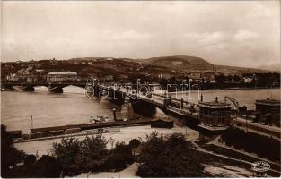 1929 Budapest, Margit híd, villamos, pesti hídfő a vámházakkal. Csiky Foto