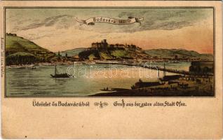 Budapest, Ős Budavára 1821-ben, hajóhíd (melyet jégzajláskor szétszedtek, utána ismét összeállítható volt), Tabán. Toldi Lajos kiadása / Gruss aus der guten alten Stadt Ofen. TCV card (r)