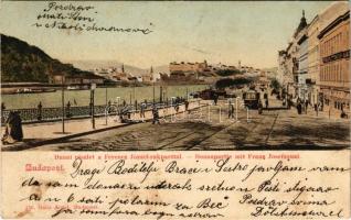 1903 Budapest V. Dunai részlet, Ferenc József rakpart, villamos, étterem, sör, Erzsébet híd még nincs. Ganz Antal 156. (fl)