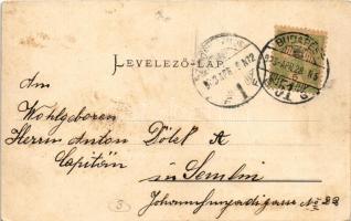 1903 Budapest V. Dunai részlet, Ferenc József rakpart, villamos, étterem, sör, Erzsébet híd még ninc...