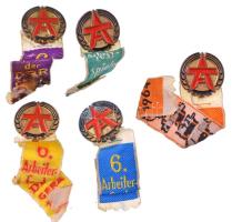 NDK "6. NDK Munkásfesztivál, Gera" festett fém jelvény szalagon (6xklf színű szalag) T:XF,VF GDR "6th GDR Workers' Festival, Gera" painted metal badge on ribbon (6xklf color ribbon) C:XF,VF