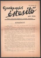 1944 Csonka-gyári Értesítő, gyári röplap, szakadással, 4p