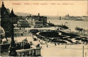 1908 Budapest I. Kilátás a Gellérthegyről, Tabán, villamos, Döbrentei tér, Ráczfürdő, Lánchíd. Taussig A. 8702.
