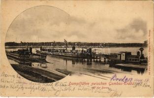 1902 Dálya, Dalja, Dalj; Gőzkomp Gombos és Erdőd között a szabad Dunán, gőzmozdony kompra állítása. Kiadja Eugen Selzer/ Dampffähre zwischen Gombos-Erdőd auf der Donau / steam ferry with freight train between Bogojevo and Erdut on the Danube, locomotive (fl)