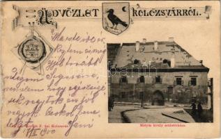 1900 Kolozsvár, Cluj; Mátyás király születésháza. Kováts P. fiai kiadása, címeres lap / birth house of Matthias Corvinus. Art Nouveau coat of arms (r)