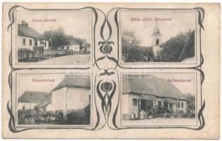 Etéd, Atied (Hargita); utca, Római katolikus templom, Csendőrlak, szövetkezeti üzlet / street, church, gendarme, cooperative shop. Art Nouveau (r)