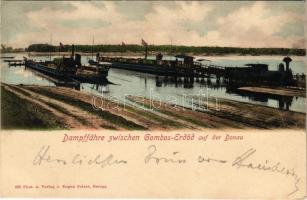 1901 Dálya, Dalja, Dalj; Gőzkomp Gombos és Erdőd között a szabad Dunán, gőzmozdony kompra állítása. Kiadja Eugen selzer / Dampffähre zwischen Gombos-Erdőd auf der Donau / steam ferry with freight train between Bogojevo and Erdut on the Danube, locomotive + vasúti mozgóposta