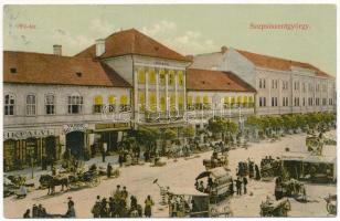 1910 Sepsiszentgyörgy, Sfantu Gheorghe; Fő tér, piac, Városháza, Bikfalvi, Berkovics Herman és Kásás Sándor üzlete, Városi nagy szálloda, Városi kávéház. Benkő M. kiadása / main square, town hall, shops, hotel and cafe, market