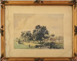 Boldizsár István (1897-1984): Fűzfás táj. Színezett rézkarc, papír, jelzett, üvegezett fakeretben, foltos, 20×29 cm