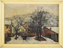 Holba Tivadar (1906-1995): Hóesés. Olaj, vászon, jelezve jobbra lent. Hátoldalán Képcsarnok Vállalat címkéjével. Sérült (felületi festéklepergésekkel). Fakeretben. 45×60 cm