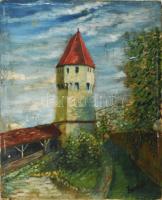 Olvashatatlan jelzéssel: Segesvár, ónművesek tornya. Olaj, vászon. Sérült. 48×40 cm