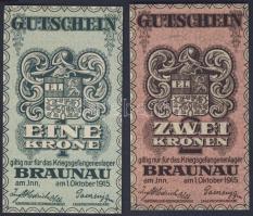 Ausztria/Branunnau hadifogolytábor 1915. 1K, 2K szükségbankjegyek, ritka magyar nyelvű propaganda ismertető borítékkal T:I RR!!