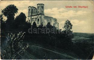 Vágsziklás, Szkalka, Skalka nad Váhom; Apátsági romok a Vágvölgyben. W.L. Bp. / abbey ruins in Povazie (gyűrődések / creases)