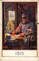1915 Weihnachten 1915 / Első világháborús osztrák-magyar katonai karácsonyi üdvözlet / WWI Austro-Hungarian K.u.K. military art postcard with Christmas greeting, Franz Joseph I of Austria portrait s: F. Kuderna + "K.U.K. ETAPPENSTATIONSKOMMANDO"