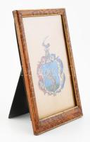 Ismeretlen nemesi család címere. Vegyes technika, papír, jelzés nélkül. Üvegezett, kitámasztható fakeretben, 19,5x12,5 cm