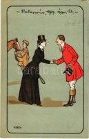 1907 Kolozsvár, Cluj; Hölgy zsoké és férfi zsoké kezelnek / handshake between jockeys. litho (EK)