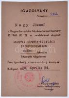 1949. "Magyar Népköztársasági Sportérdemérem ezüst fokozata" aranyozott, zománcozott bronz...