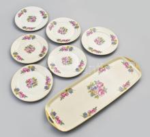 Rosenthal virág mintás porcelán süteményes készlet. Hat személyes komplett, kis kopással