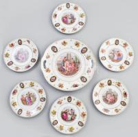 Cseh alt-Wien antik mintás porcelán süteményes készlet. Hat személyes komplett, matricás, jelzett, kis kopással