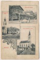 Dálya, Dalja, Dalj; Zeljeznicka stanica, Rimokatolicka crkva, Srps. pravoslavna crkva / railway station, Roman Catholic church, Orthodox Church. Art Nouveau montage (Rb)