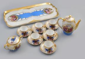 Cseh Alt WIen biedemeier porcelán mokkás készlet. Hat személyes komplett. Hozzávaló tálcával Matricás, jelzett, kis kopással 45x24 cm