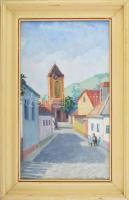 Berta György (?-). XX. sz. második fele: Tokaj (utcarészlet sétálókkal).Olaj, vászon, faroston. Jelzett. Hátoldalán autográf felirattal. Üvegezett fakeretben. 53x31 cm