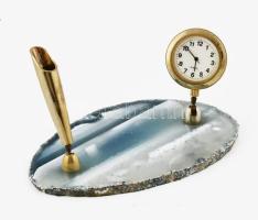 Asztali tolltartó és óra, achát metszet talapzaton, az óra nem jár, 14x9,5 cm