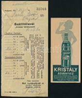 1938 ,,Kristály" ásványvíz szállítólevél és számolócédula