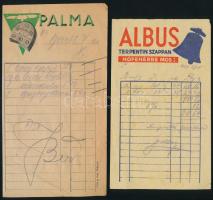 cca 1930 1db Palma sarok jegyzék, 1db Albus szappan jegyzék