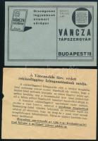 cca 1930 Váncza Tápszergyár üzleti válaszlap /megrendelő, 1db Váncza-féle reklámfüggöny felragasztásának módja c. tájékoztató.