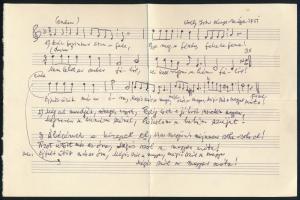 Volly István (1907-1992) zeneszerző, népdalgyűjtő, folklorista "Száz forintnak ötven a fele" c. dalának sajátkezű, tollal írt kottája és szövege, hajtásnyomokkal.