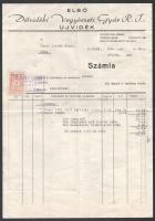 1944 Első Délvidéki Vegyészeti Gyár R.T. , Újvidék, fejléces számla vízjeles csontlevélpapíron. Ritkaság! Külön érdekesség, hogy a számlán feltüntetett samponra, mint kozmatikai termékre akkoriban rendkívül magas adókulcsok vonatkoztak: 30%-os fényűzési adó + 35% kozmetikai felár.