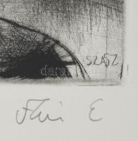 Szász Endre (1926-2003): Don Quijote. Rézkarc, papír, jelzett, üvegezett fakeretben, 19,5×11,5 cm