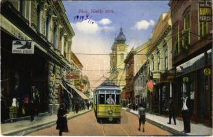 1914 Pécs, Király utca, villamos, Spiegel József, Hoffmann J. Károly üzlete (EK)