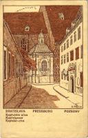 Pozsony, Pressburg, Bratislava; Kapitulská ulica. Umelecké listky / Kapitelgasse. Pressburger Künstlerkarten / Káptalan utca. Pozsonyi műlapok. Druck u. Verlag v. Carl Angermayer Serie V. 8. / street, art postcard s: K. Frech (EK)