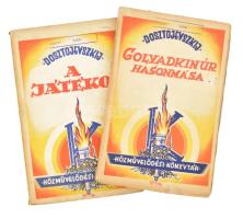 Dosztojevszkij két könyve: A Játékos. Bp., é.n., Közművelődési R.-T. A borító Abonyi Ernő terve. Kiadói papírkötés, felvágatlan példány, kissé sérült gerinccel, borítón bélyegzéssel és apró szakadásokkal. + Golyadkin úr hasonmása. Bp., é.n., Közművelődési R.-T. A borító Abonyi Ernő terve. Kiadói papírkötés, kissé sérült gerinccel, borítón bélyegzéssel és apró szakadásokkal.