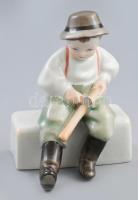 Zsolnay porcelán figura, botot faragó fiúcska, kézzel festett, jelzett, hibátlan 14 cm