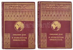 Cholnoky Jenő (1870-1950): A sárkányok országából I-II. kötet. Magyar Földrajzi Társaság Könyvtára. Bp.,[1935.], Franklin-Társulat, 160 p.+14 t. (kétoldalas, fekete-fehér fotók.)+168 p.+10 t.(kétoldalas, fekete-fehér fotók.) +1 (térkép) t. 2. kiadás. Fekete-fehér fotókkal, szövegközti illusztrációkkal, térképpel illusztrált. Kiadói dúsan aranyozott egészvászon sorozatkötésben, kopott borítóval.