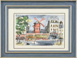 Dazy jelzéssel: Paris, Le Moulin Rouge. Akvarell, vegyes technika, papír. Üvegezett, kitámasztható fakeretben, 10x15 cm