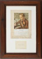 Szigeti József (1892-1973), világhírű hegedűművész autográf sorai és aláírása saját magát ábrázoló képeslapon az 1920-as évekből, további autográf sorai és aláírása képeslapot tartó kartonon és névjegykártyája, egy üvegezett fakeretben, keretezett méret 36x26 cm