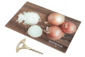 Konyhai üveg vágódeszka, használatlan állapotban, 30x20 cm + Sandrik fém dugóhúzó, jelzett, h: 11,5 cm