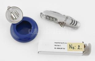 Gauloises utazó hamutartó, fém, újszerű állapot, d: 6 cm + Multifunkciós zsebkés/svájcibicska, dobozában, összecsukva: 9 cm