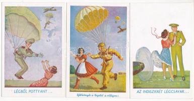 3 db RÉGI magyar katonai humor képeslap: pilóta, ejtőernyős / 3 pre-1945 Hungarian military humour art postcards: pilot, paratrooper