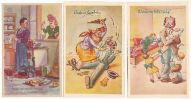 3 db RÉGI humoros művészlap: papucs férj / 3 pre-1945 humour art postcards