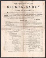 1872 Oedenburg (Sopron), J. Meyne: Preis-Verzeichniss für 1872 über Blumen - Samen von J. Meyne in Oedenburg, Ungarn. Wien, E. Jesper-ny., foltos, hajtott, bejelölésekkel, 2 sztl. lev. Német nyelvű virágmag árjegyzék.
