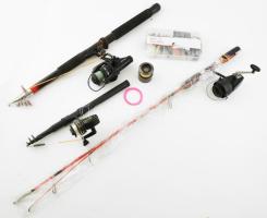 Horgász tétel: Daiwa 576M 360 horgászbot Eos 7000 orsóval, 1 Geminstandard horgászbot, orsóval, 180 mm, 1 db S 4000 q23 110 Line capacity gyermek horgászbot zsinorral és rosóval, 1 db felszerelés horgok, ólmok, stb dobozban