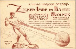 1922 Szolnok, Zucker Imre és fia elsőrendű gépszíjak gyári raktára, reklám. Czettel és Deutsch. Hátoldalon grafika / Hungarian machine belt factory warehouse advertisement, hand-drawn graphic on the backside (non PC)